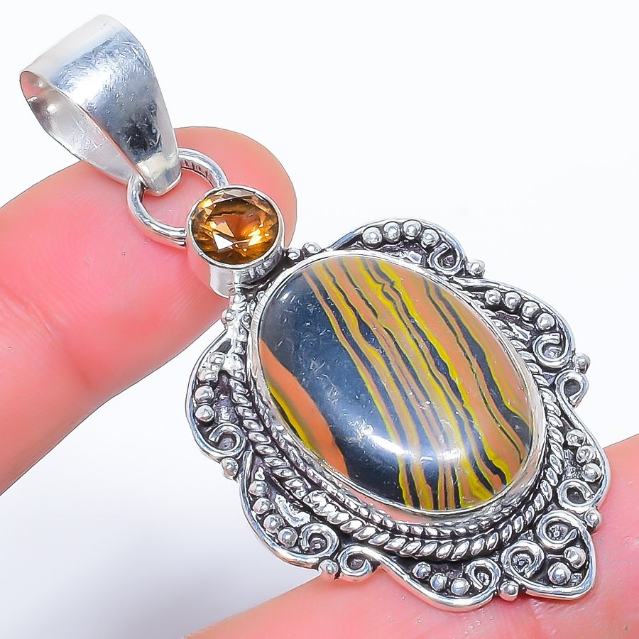 Tiger Rainbow Calsilica & Smokey Quartz Gemstone 925 Silver Plated Pendant 2.4″