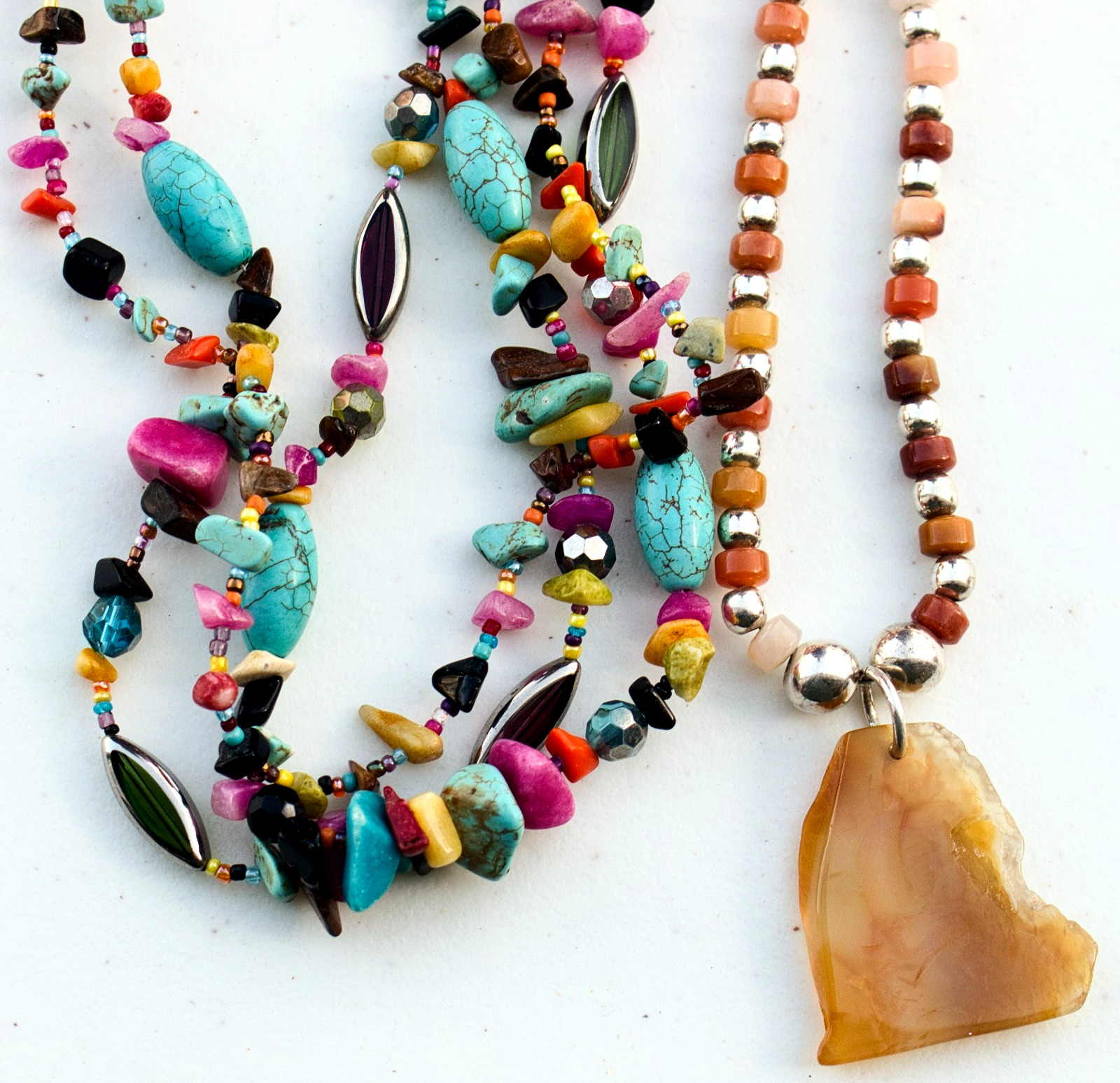 Lot of 2 Glass & Various Gemstone Bead Necklaces