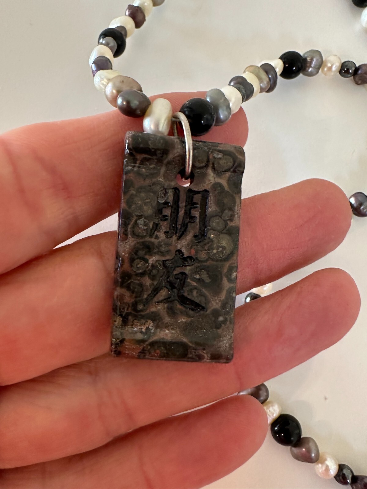 Paintbrush Jasper Pearl Necklace Pendant Asian Moon Sterling Silver Iridescent