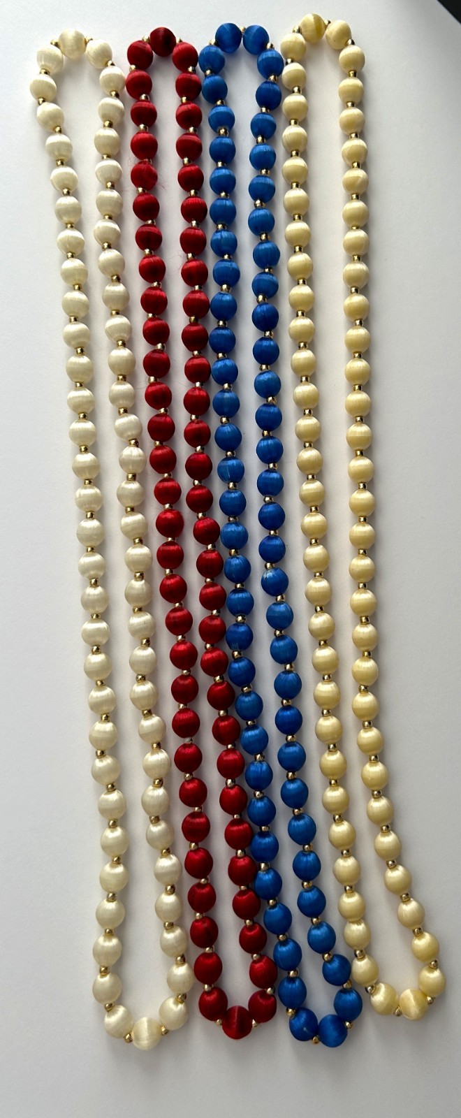 4 Vintage Cream RED WHITE & BLUE Silk Satin Thread Beaded Necklaces 4Th of July