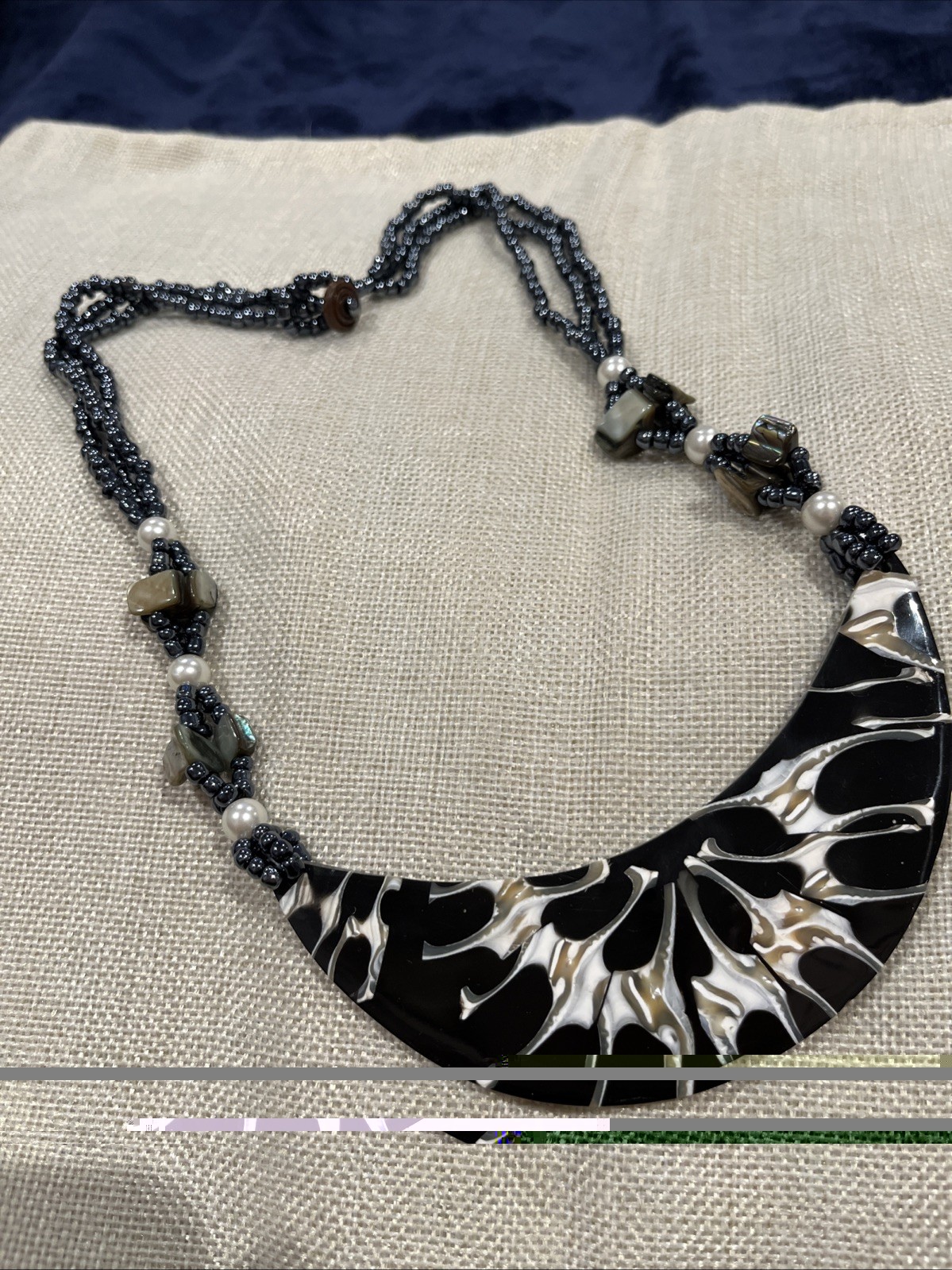 Black Beaded Moon Shell Multi Strand Necklace 12 X 5