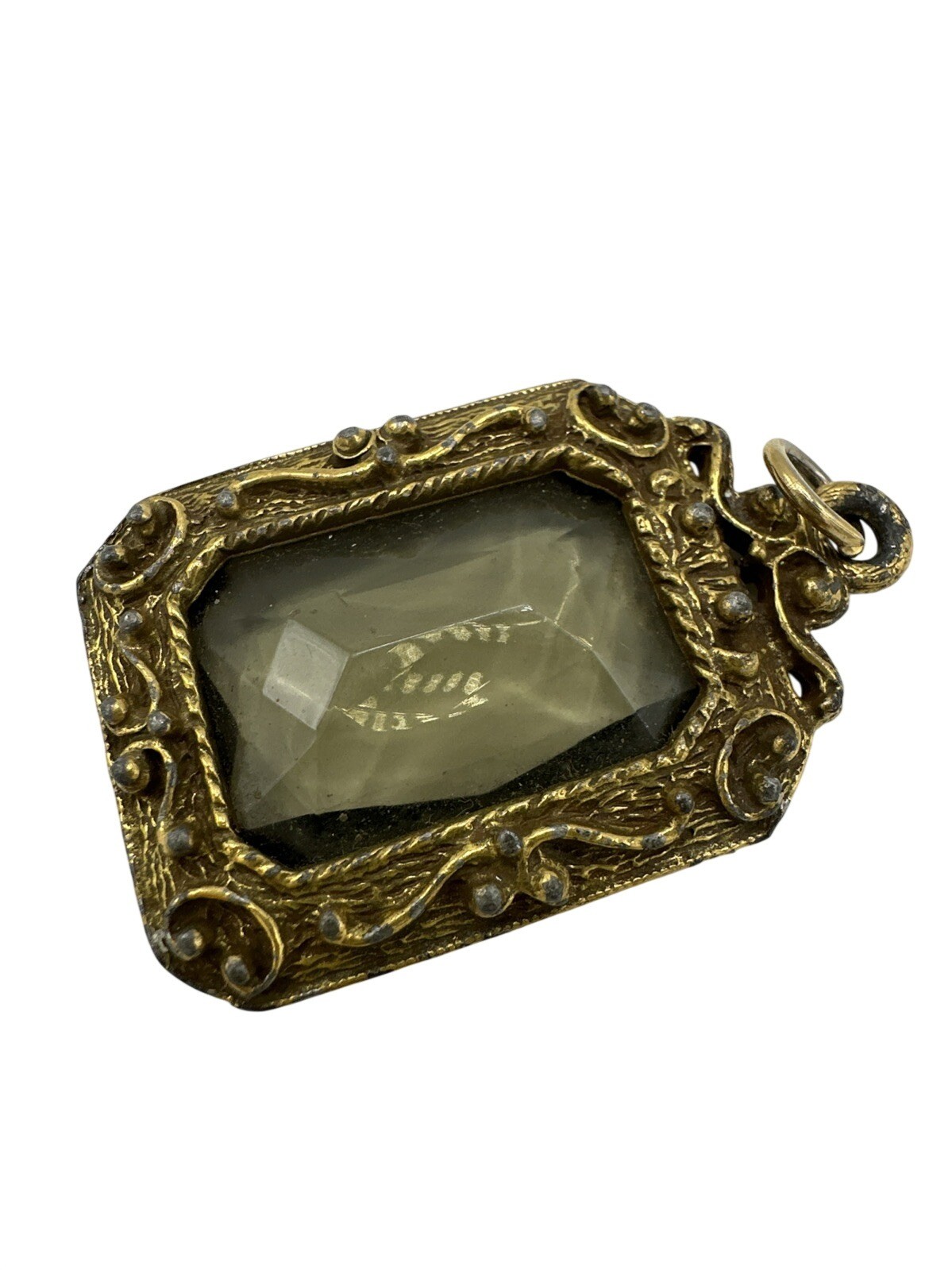 Large Emerald Cut Glass Stone Filigree Goldtone Setting Pendant Intricate