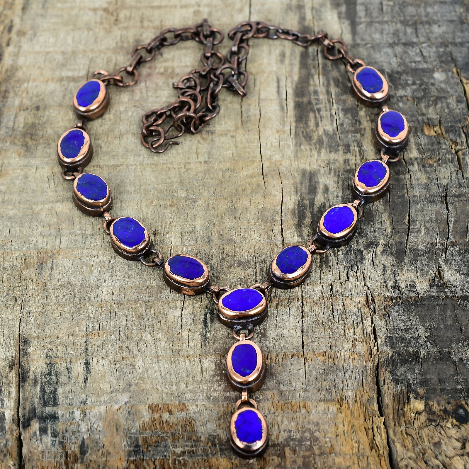 Womens day Sale Copper Lapis Lazuli Stone Trendy Electroformed Chain Necklace