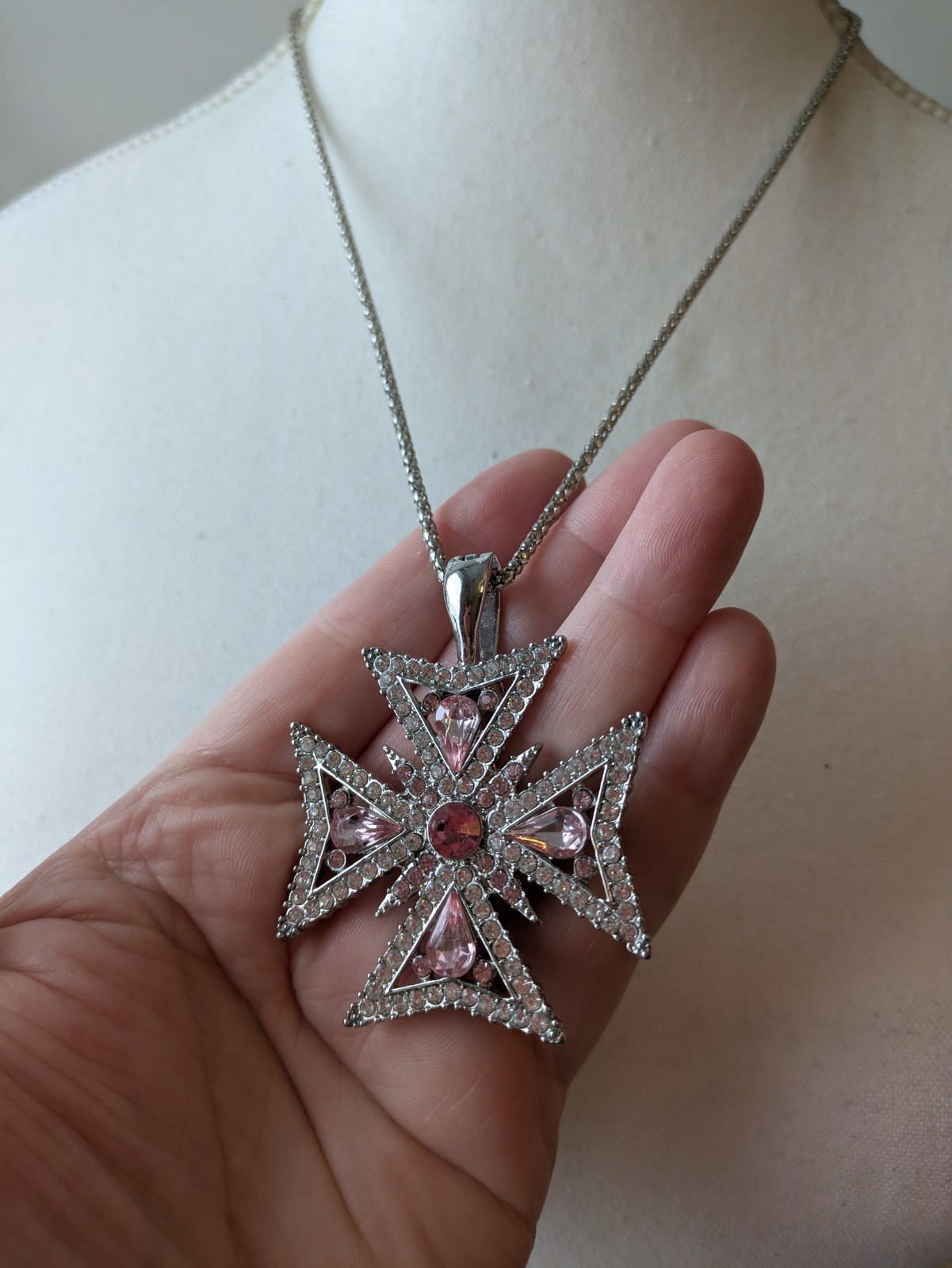 RMN Roman Pendant Necklace In Silver Tone & Pink Rhinestones Maltese Cross