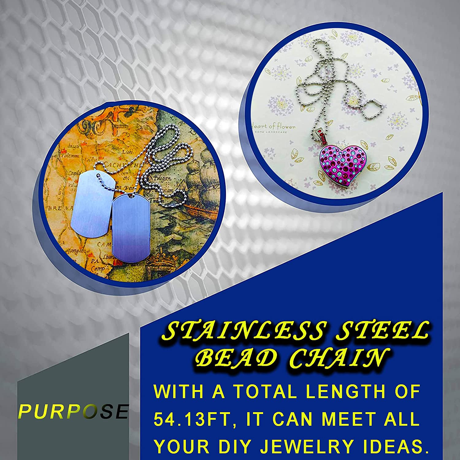 Ball Bead Chain, 55ft Stainless Steel Chain Ball Chain Necklace Bulk with 100 Pi
