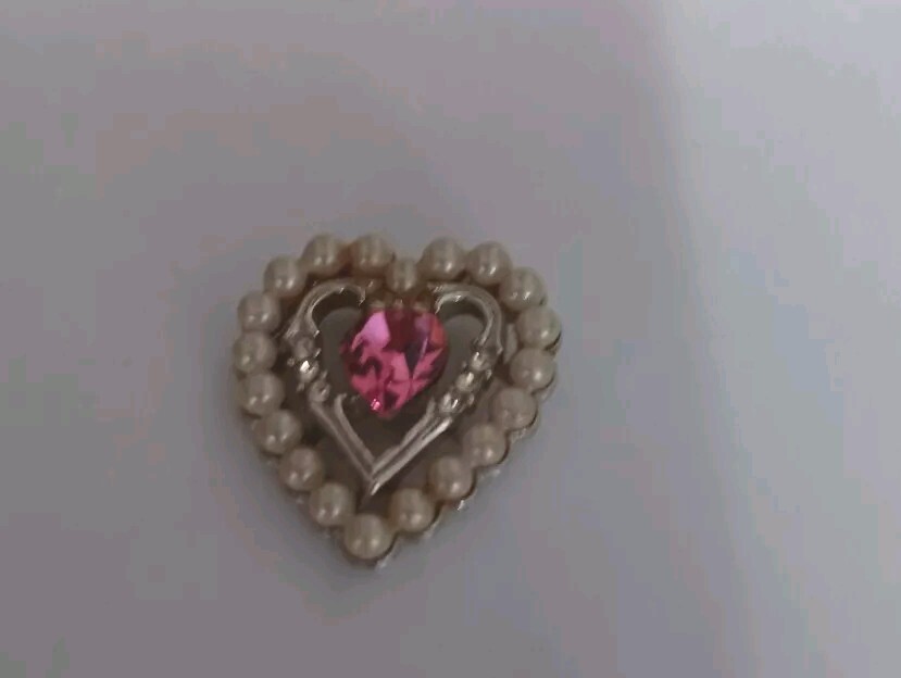 Avon Silver Tone Marked Heart Shaped Pink,colorless Stoned Faux Pearl Pendant