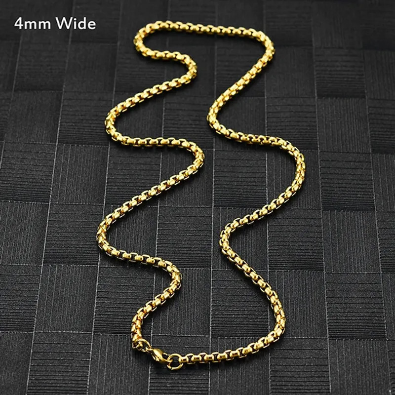 Square Rolo Gold Color Plated Round Box Chain Stainless Steel Necklace For Women