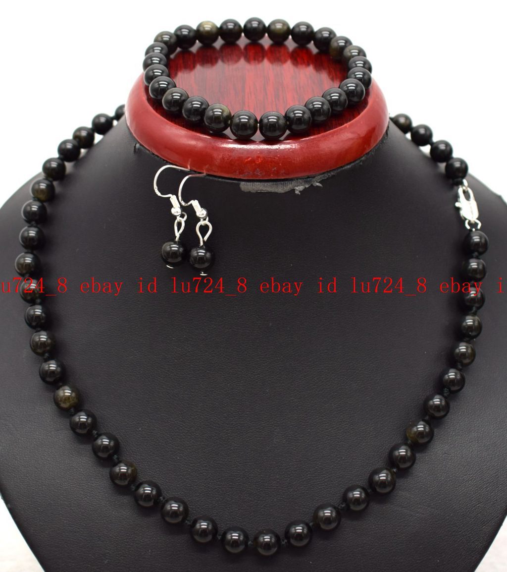 Fashion 6/8/10mm Gold Odsidian Round Gems Beads Necklace Bracelet Earrings Set