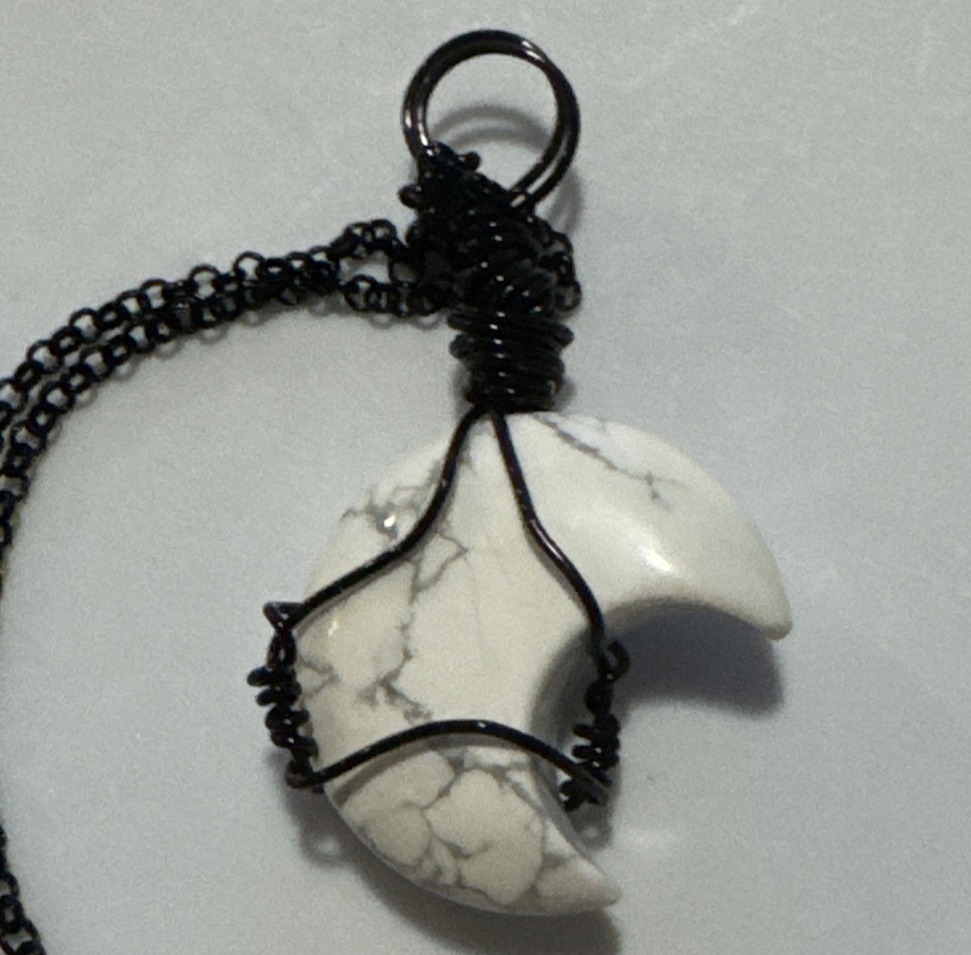 Howlite Moon Pendant Necklace Jewelry Black 21″ Chain Genuine Stone Handmade