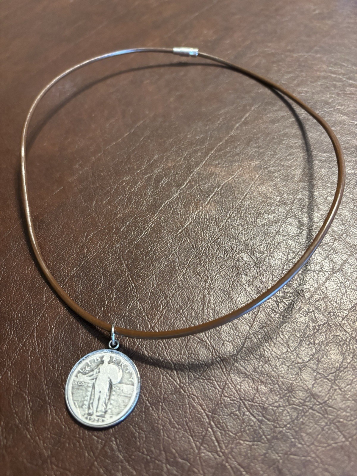 1928 Silver Standing Liberty Quarter Necklace on a Brown Leather Cord