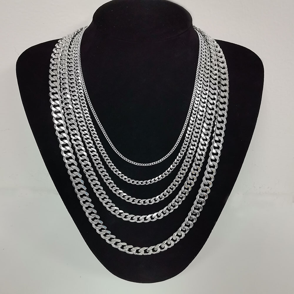 16-30″ Stainless Steel Silver Chain Cuban Curb Necklace 3/5/7/9/11mm Womens Mens
