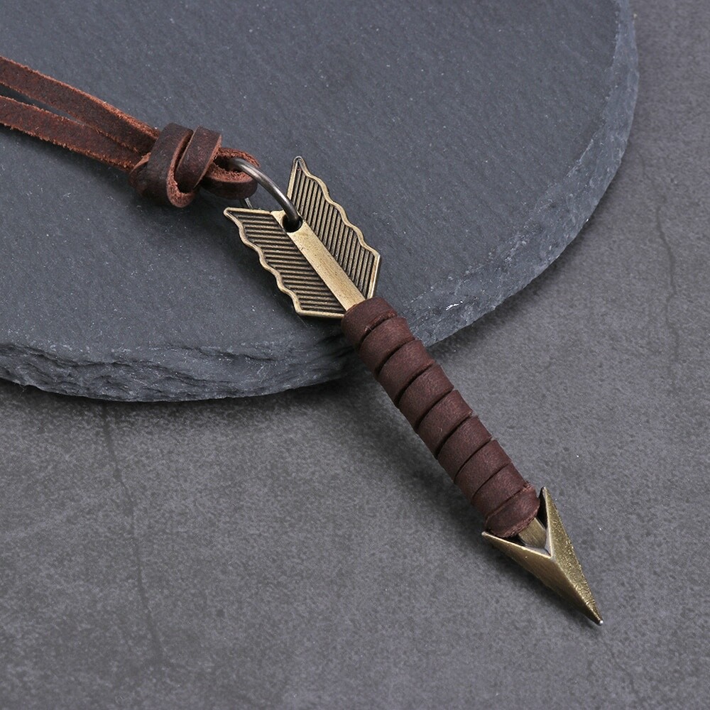 Men’s Fashion Jewelry Vintage Brown Leather Arrow Pendant Necklace 1-152