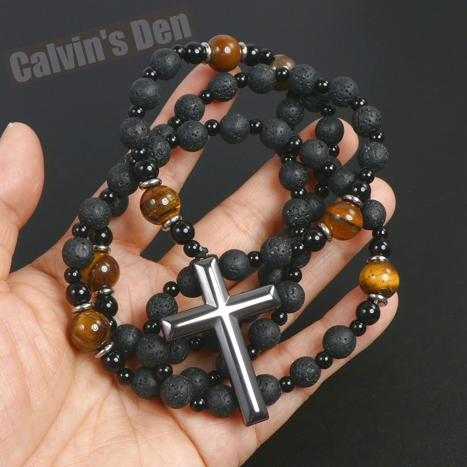 Lava Stone Tiger Eye Black Onyx Black Hematite Cross Rosary Necklace Men Gift