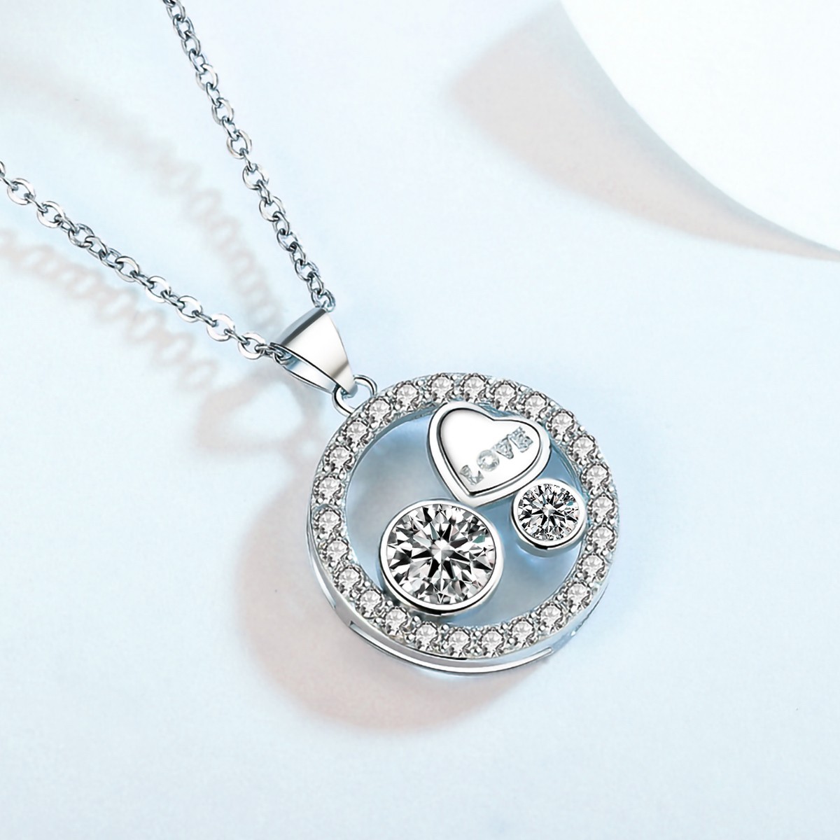 Love Circle Pendant Necklace with CZ Stones 14k White Gold Plated Women Necklace