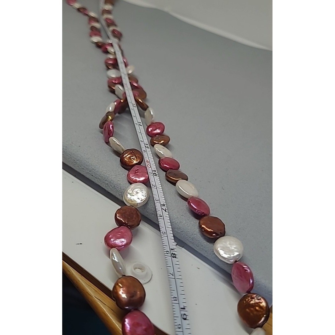 CGI China Necklace Woman Fuchsia Bronze White Freshwater Coin Pearl 37 Inch Long