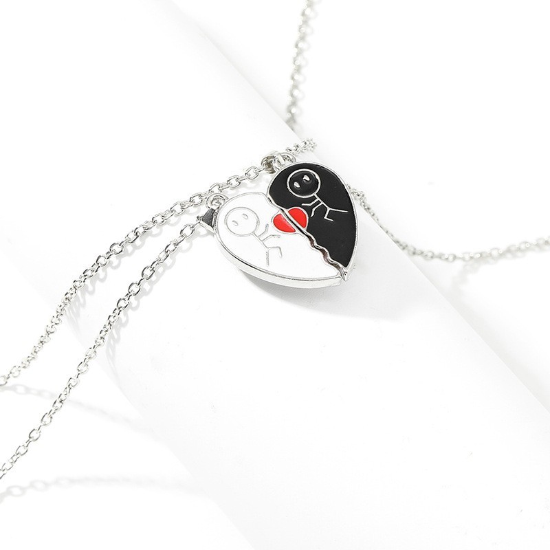 2pcs Magnet Matchstick People Lovers’ Black White Heart Pendant Chain Matching N