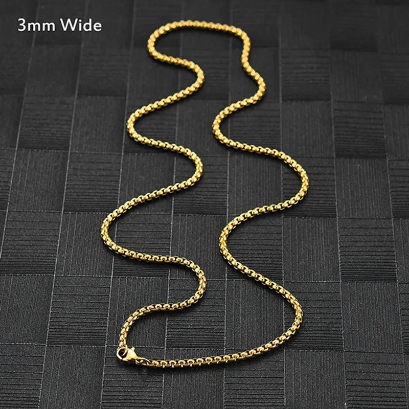 Square Rolo Gold Color Plated Round Box Chain Stainless Steel Necklace For Women