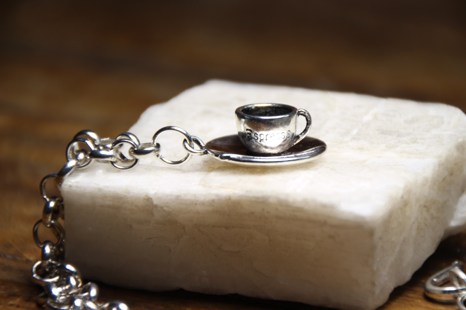 Coffee Cup Pewter Pendant Charm Silver Stainless Steel Chain 18″ Necklace