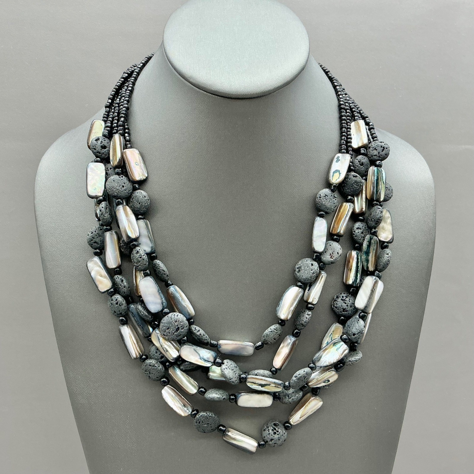 Premier Designs Necklace Womens Black Lava Rock Shell Multi Strand Statement