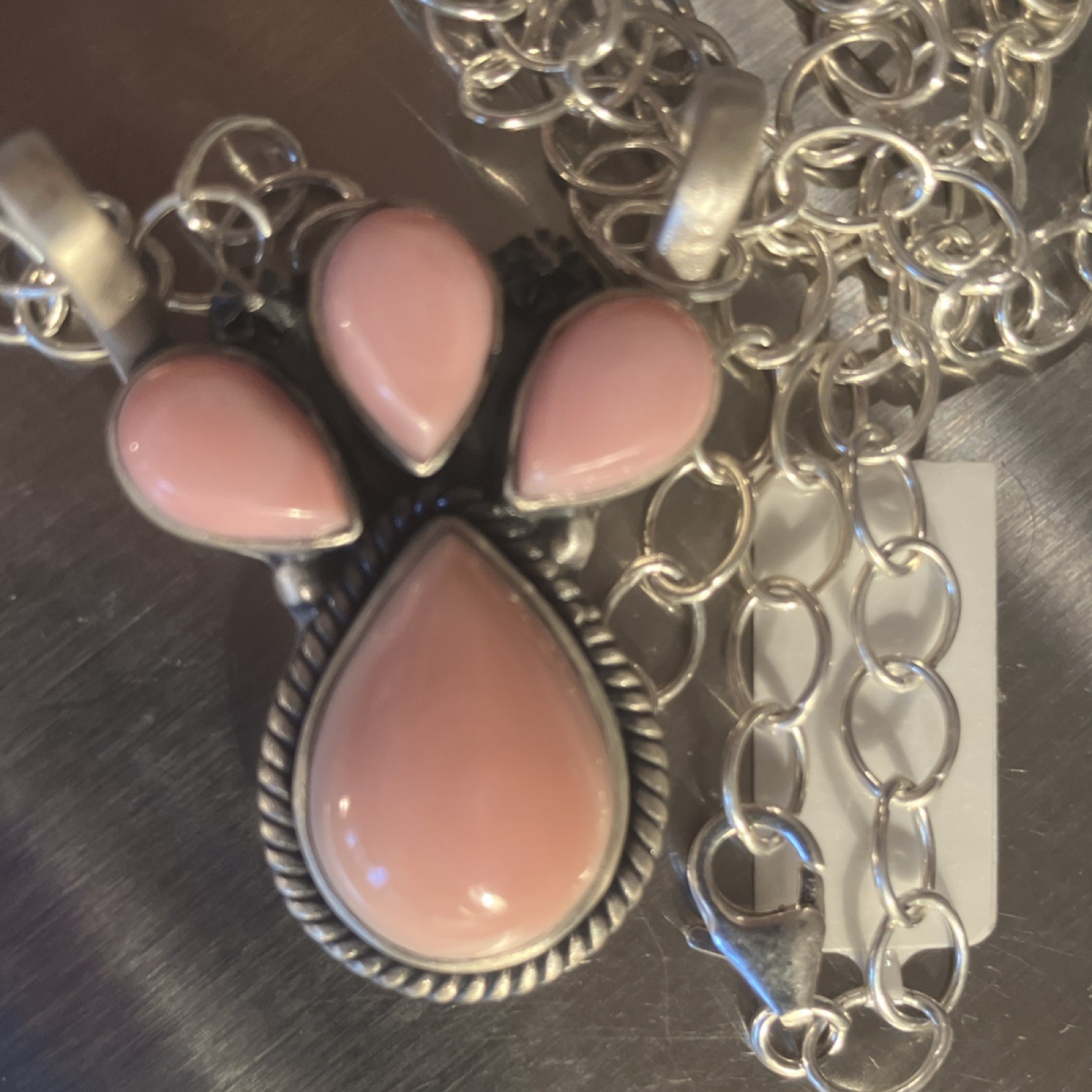 Delicate Pink Conch Triple Stone Pendant w Chain Necklace 18″ MM K8 925 Silver