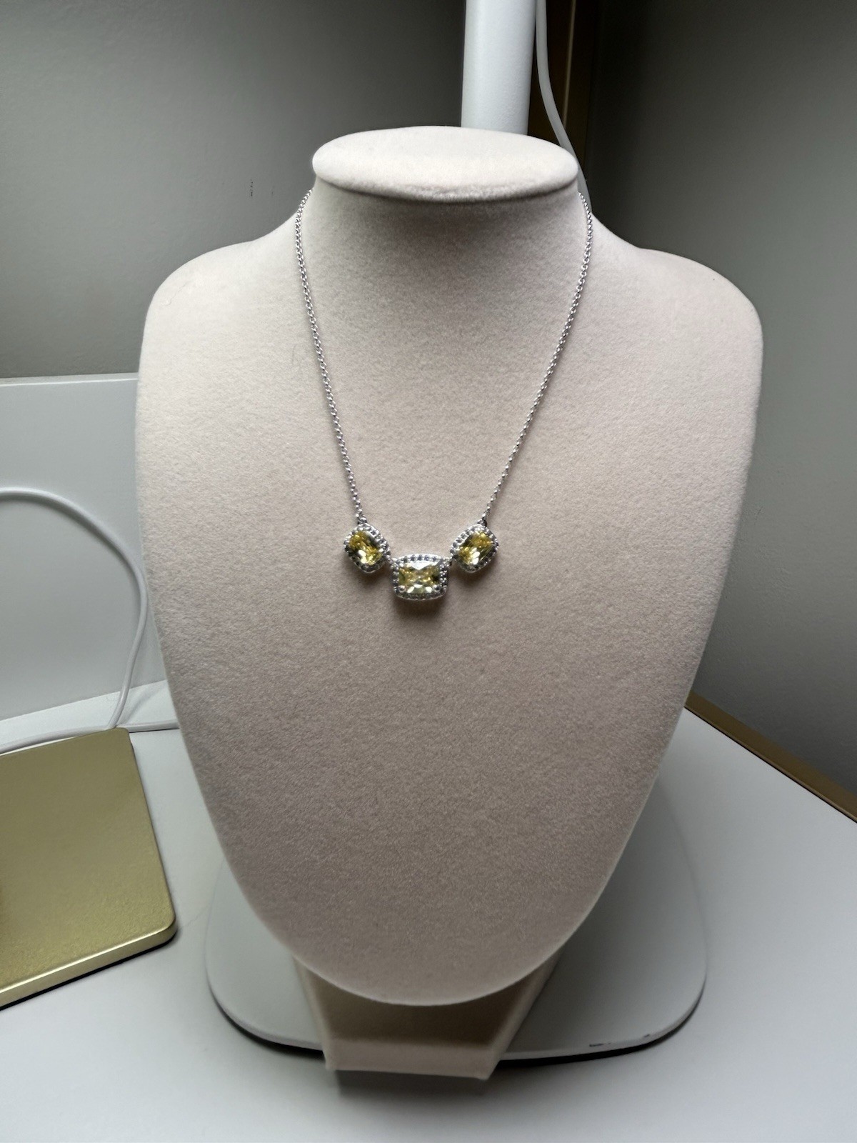 BP Rhodium Plated Chain Necklace with Three Yellow Cushion Halo Stones Pendant