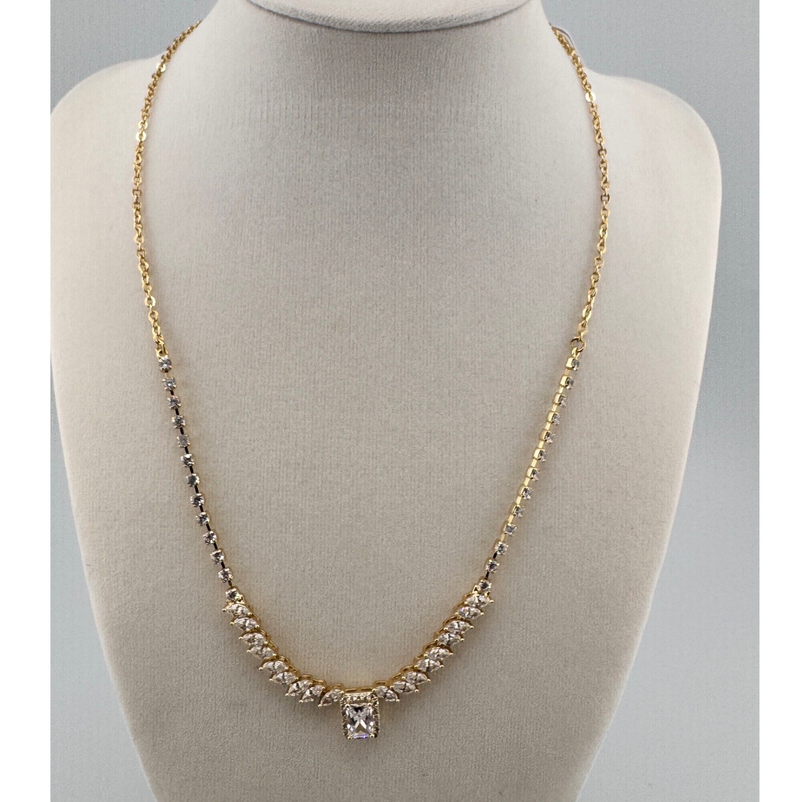 Gold Tone Emerald Cut Cubic Zirconia Marquise Drop Statement Necklace Bridal
