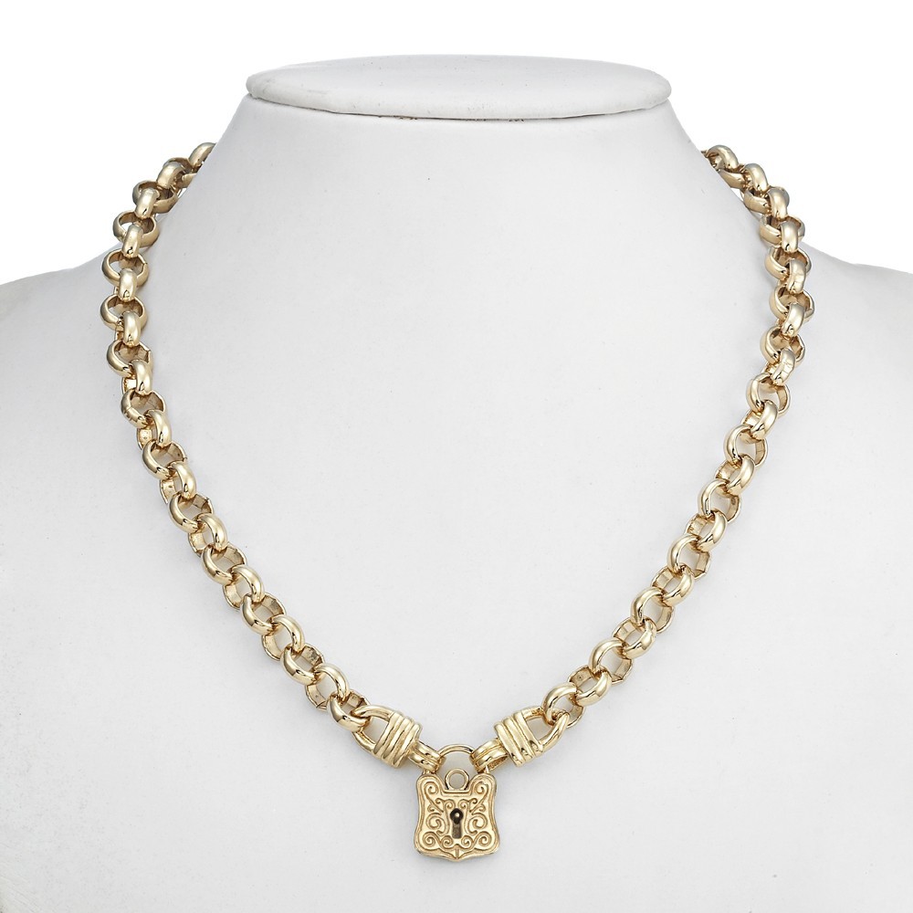 18K GL Thick Solid Belcher Yellow Gold Necklace Antique Style Keyhole Padlock