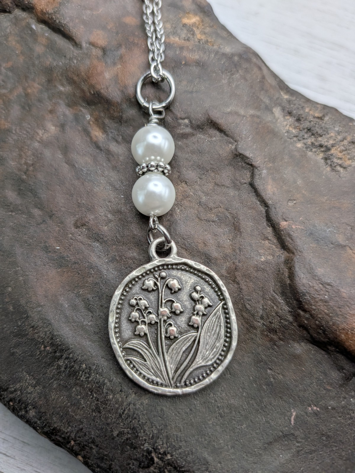 Silver Lily Of The Valley Pendant Necklace With White Pearls / Flowers Gift