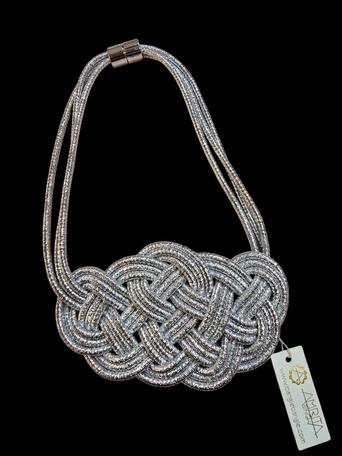 Amrita Singh Silver Bib Necklace Statement Braided Rope Magnetic Clasp NWT