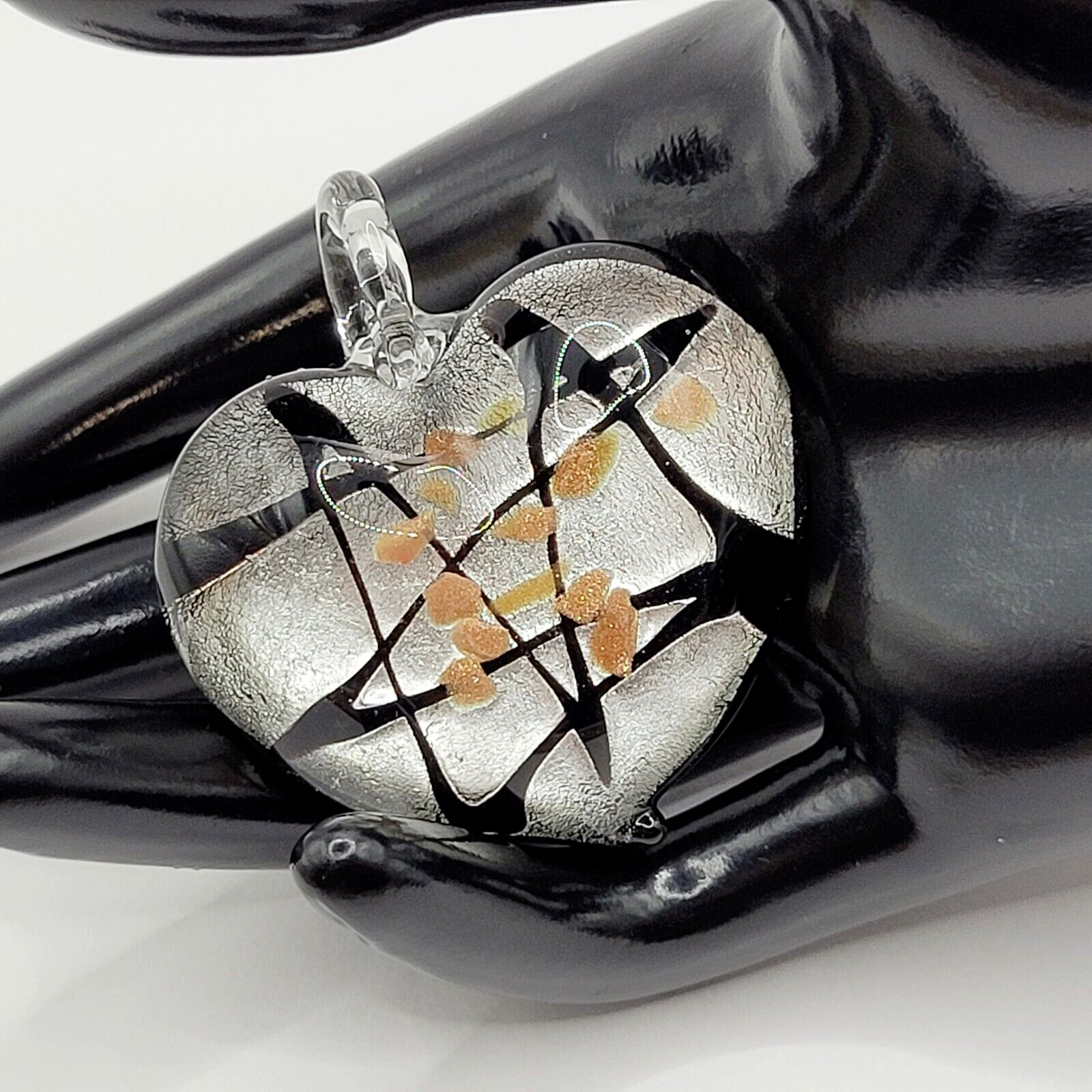 Artisan Modern Art Glass Heart Pendant Silver Black Gold Color Foiled Glitter