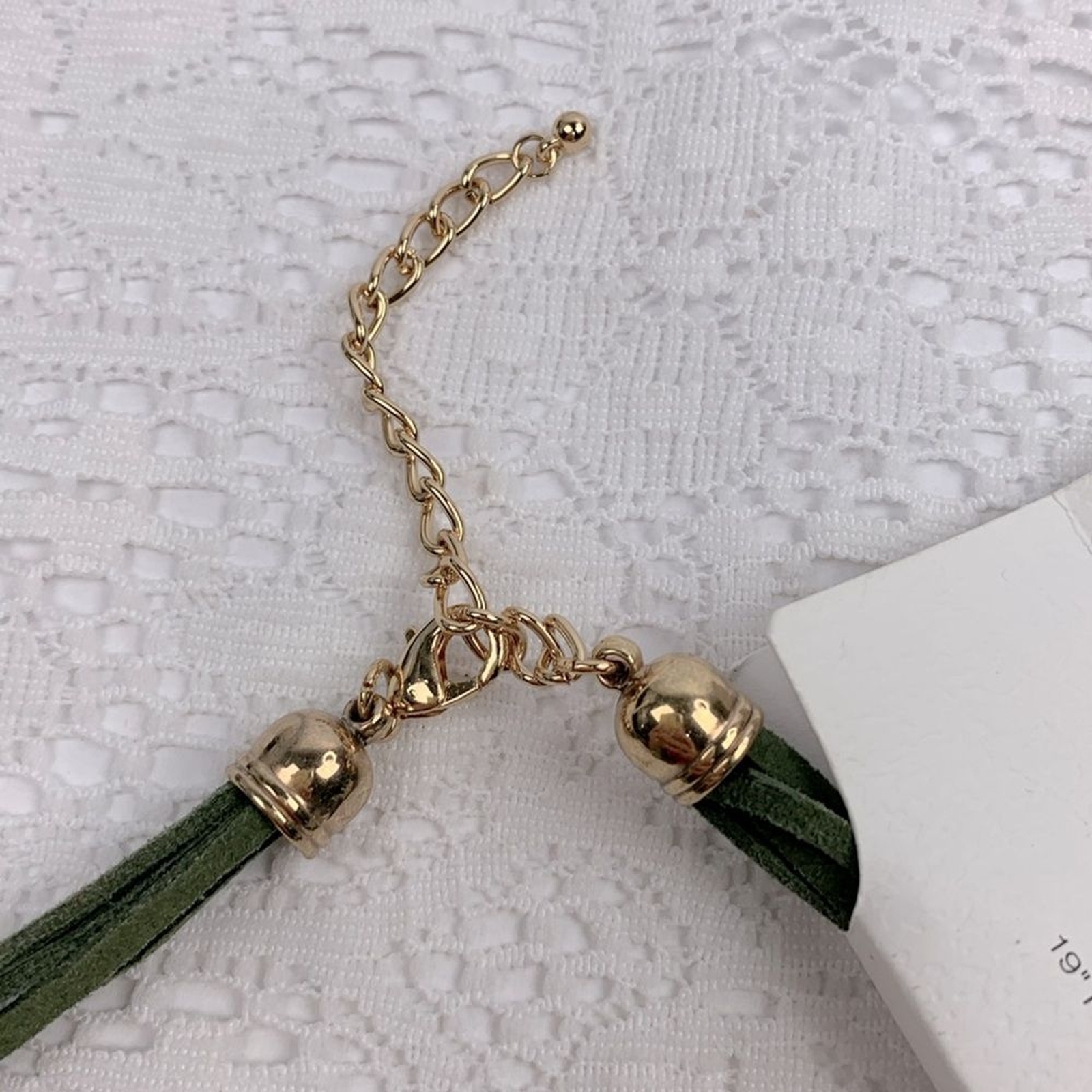 Time & Tru Glass Stone Statement Necklace Green Gold Faux leather 19”+ New NWT