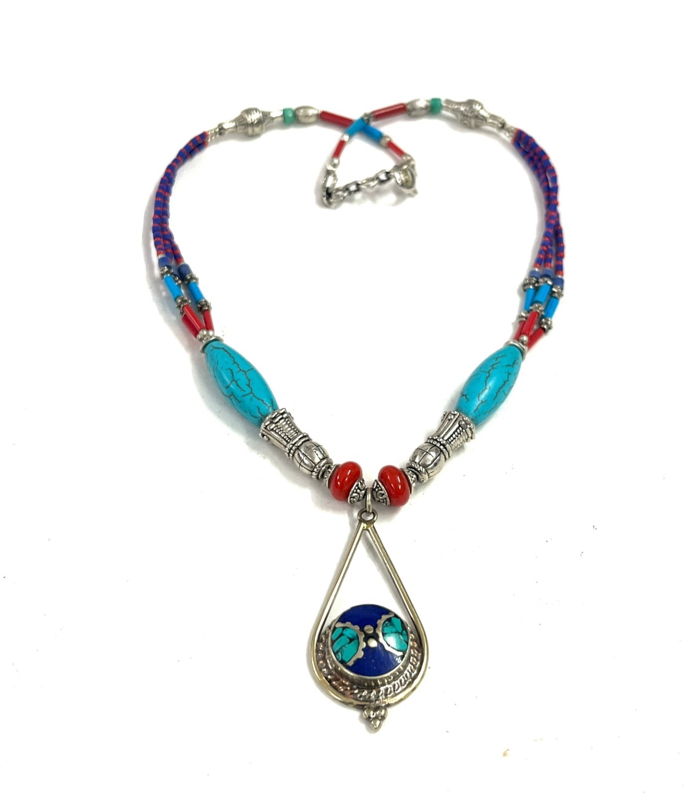 Lapis Lazuli Turquoise Gemstone Tibetan Bohemian Necklace Jewelry, 18 Inc Adjst