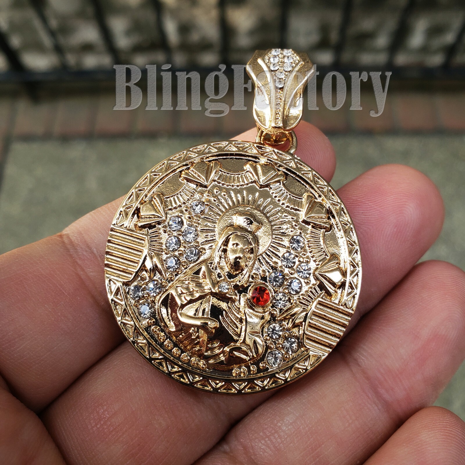HIP HOP JEWELR ICED GOLD PLATED SANTA BARBARA MEDAL CUBIC ZIRCONIA CHARM PENDANT