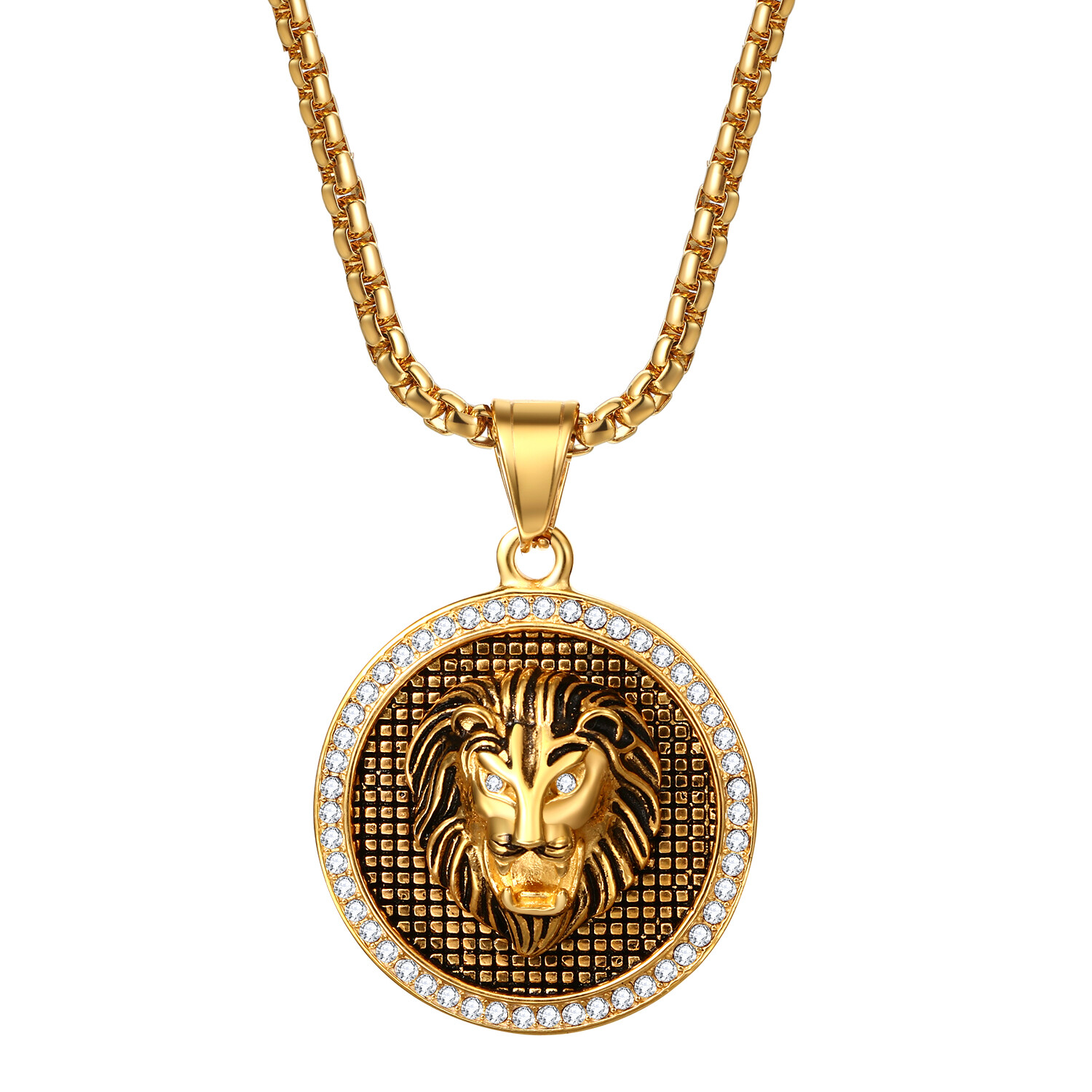 Mens Boys Hip Hop Gold Tone Lion Head Stainless Steel Pendant Necklace Chain 22″