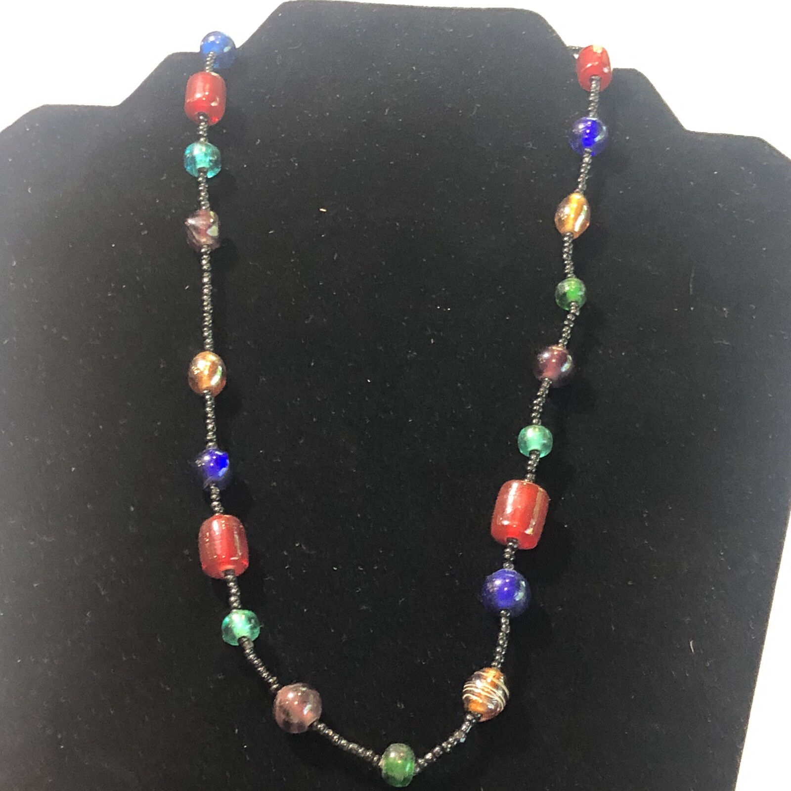 Glass Beaded Necklace 18” Multicolored With Iridescence Black Seed Bead Spacers