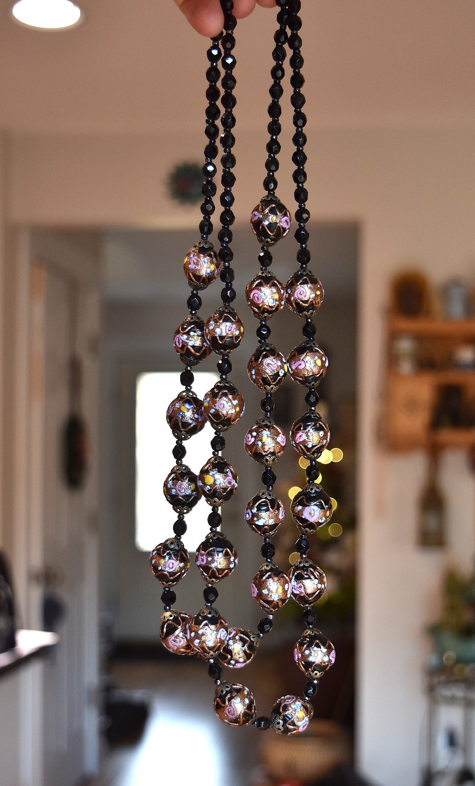 Vtg 2 Strand Venetian Murano Black Wedding Cake Glass Beaded Necklace Earrings