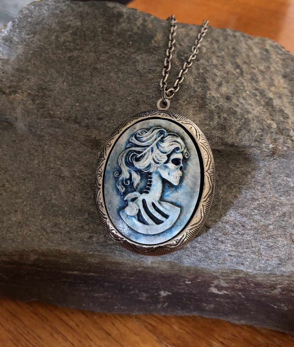 BLUE LADY LOLITA SKULL CAMEO PHOTO LOCKET NECKLACE Distressed Halloween Pendant