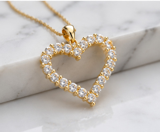 Elegant Heart Pendant Necklace – Round Simulated Diamond 14K Yellow Gold Plated