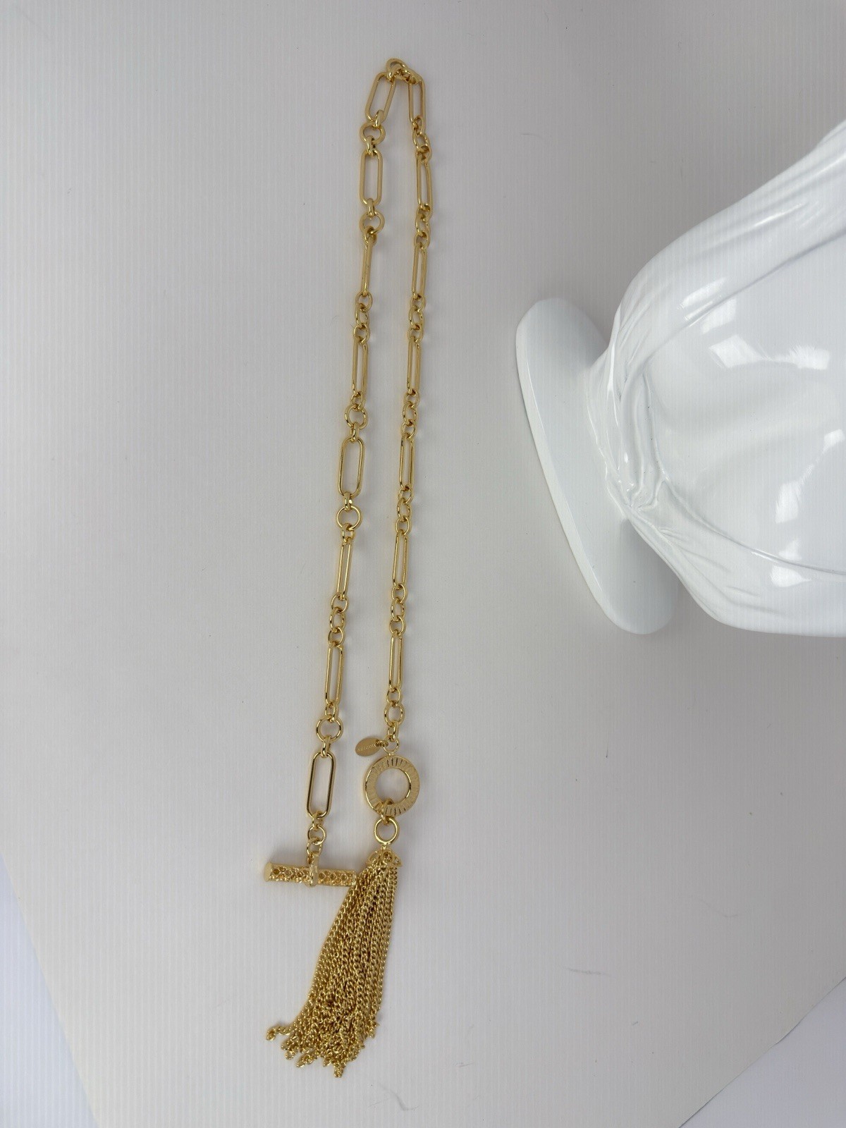 NWT Bellezza 18K Gold over Bronze Paperclip Oval Link Tassel Toggle Necklace