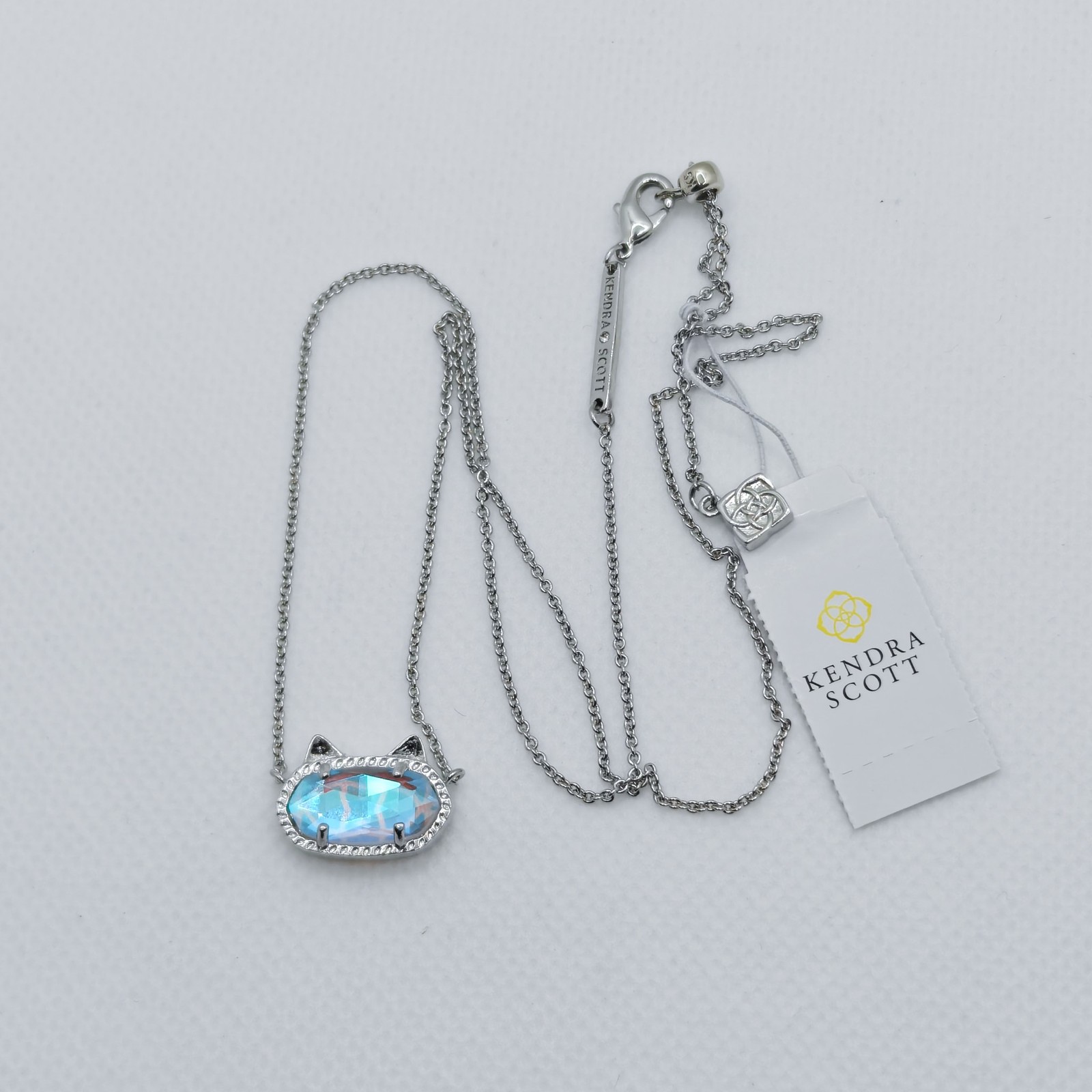New Kendra Scott Elisa Silver Cat Kitty Pendant Necklace In Dichroic Glass
