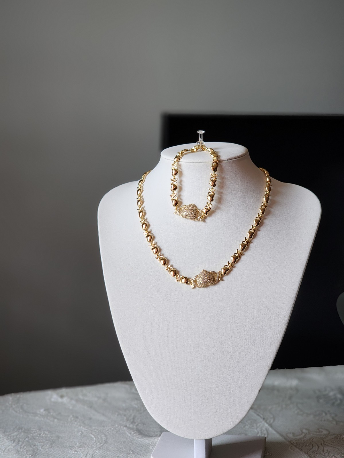 Gold Heart Necklace for Women – 14K Gold Plated Necklace and Bracelet With Stone