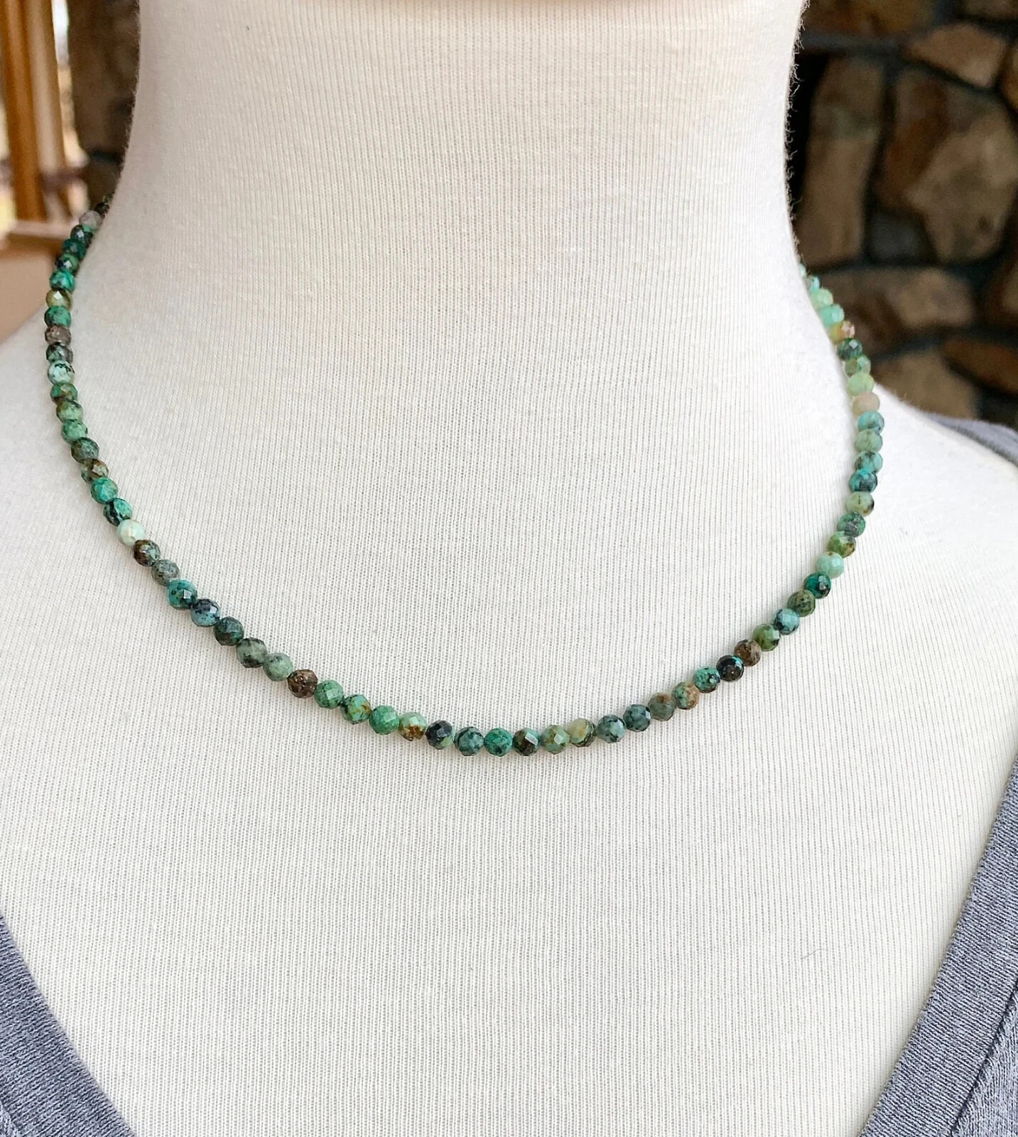 African Turquoise Choker Natural Green Stone Facted Necklace Healing Reiki Gift