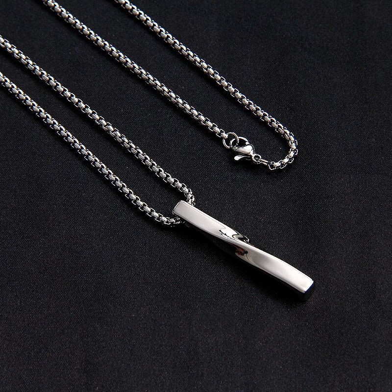 Men’s Fashion Jewelry Minimalist Twisted Silver Bar Pendant Necklace 351