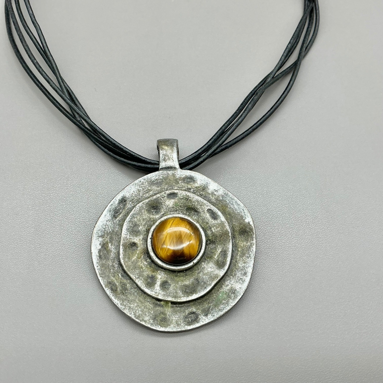 Premier Designs Necklace Tiger Eye Pendant Black Cord Silver Tone 18-20 In