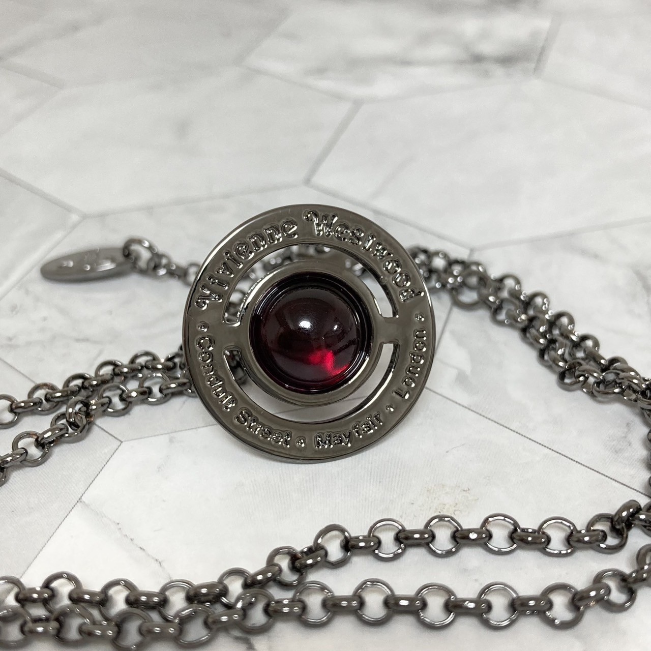 Vivienne Westwood Necklace Tiny Orb Gunmetal Wine Red w/Pouch NO BOX