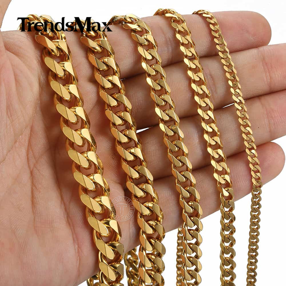 3/5/7/9/11mm Gold Plated Stainless Steel Curb Cuban Chain Necklace/Bracelet Men