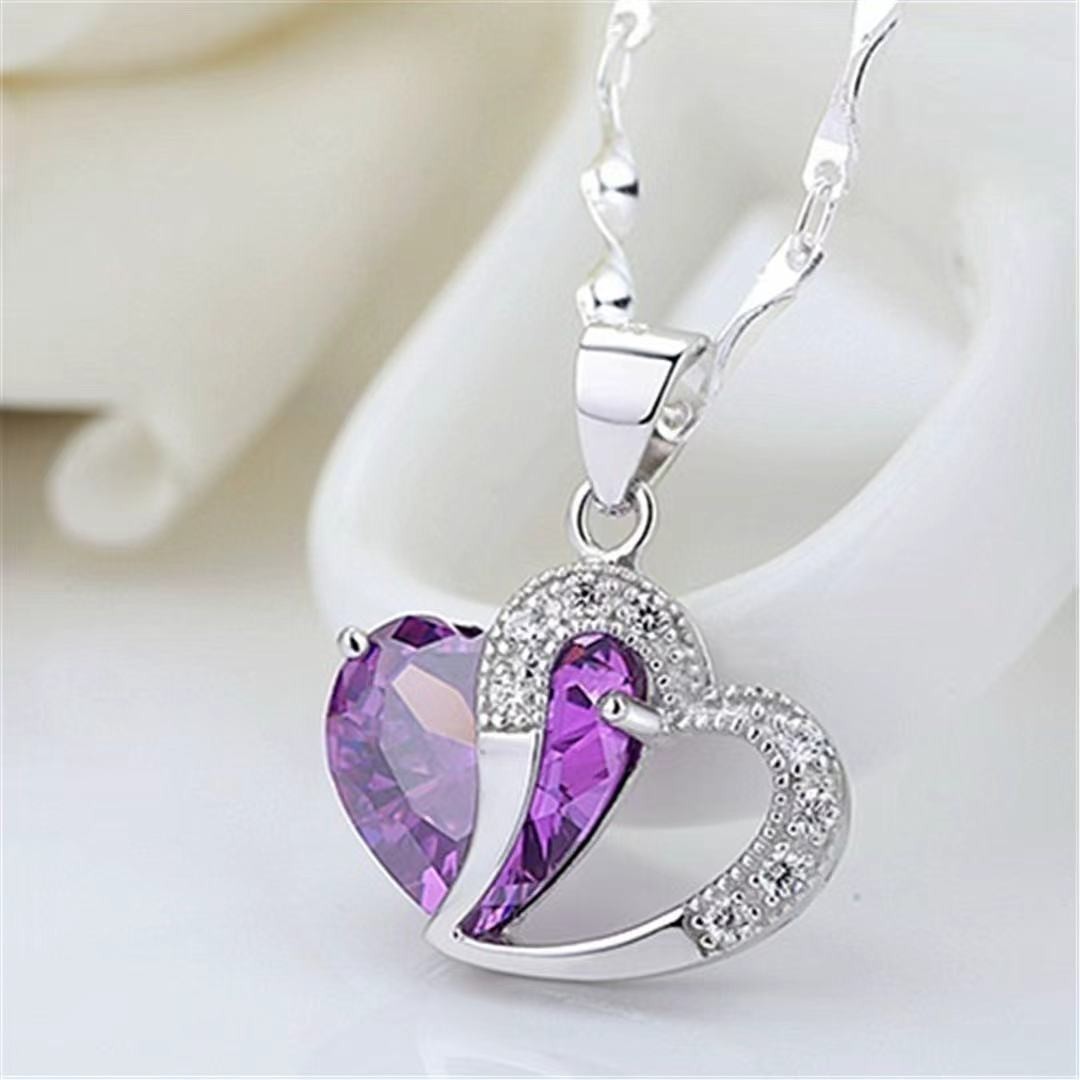 Fashion Women Heart Crystal Rhinestone 925 Silver Chain Pendant Necklace Charm