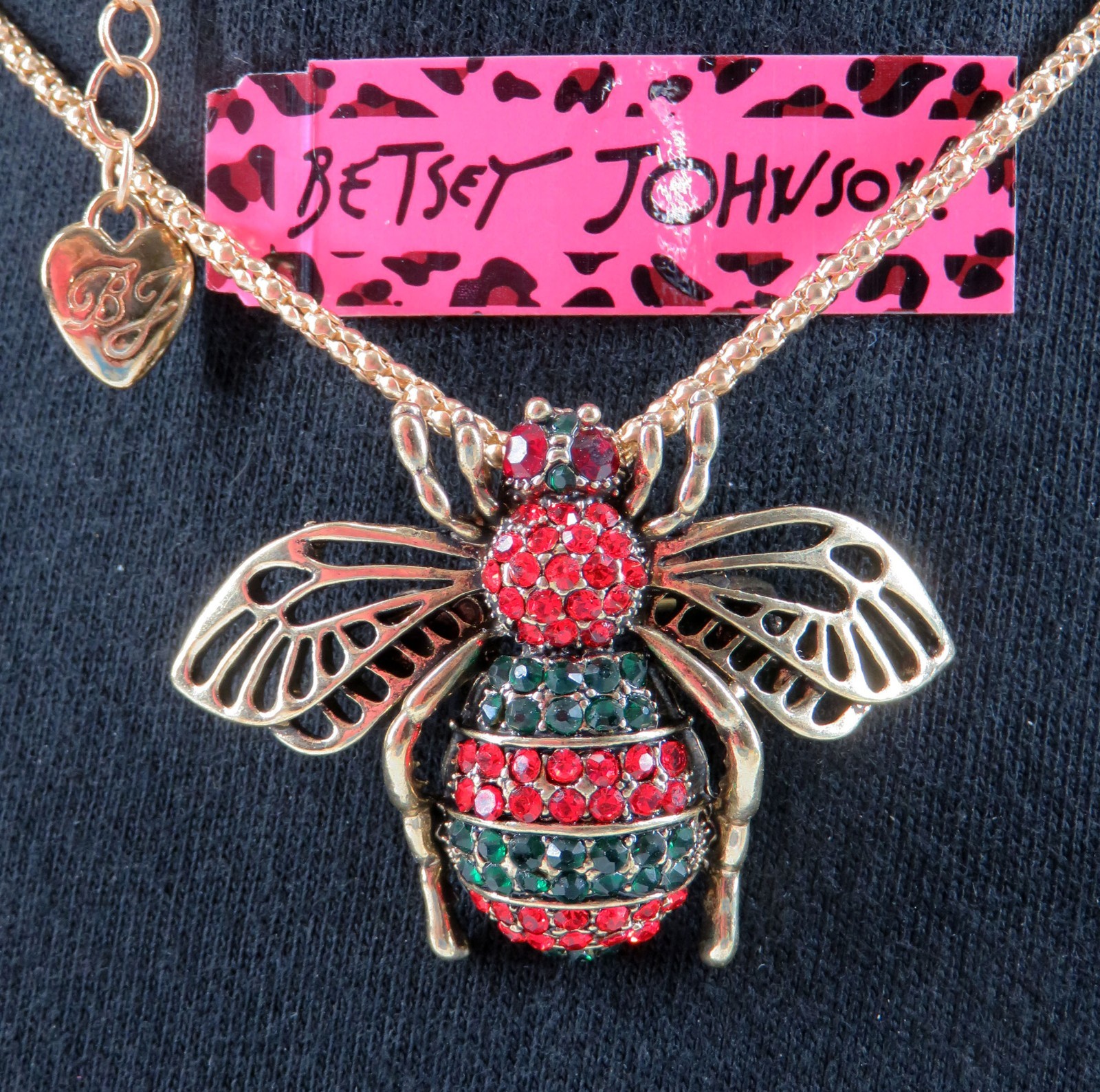 NWT-Betsey Johnson Red & Green Crystal Bee Pendant/Brooch on Goldtone Necklace