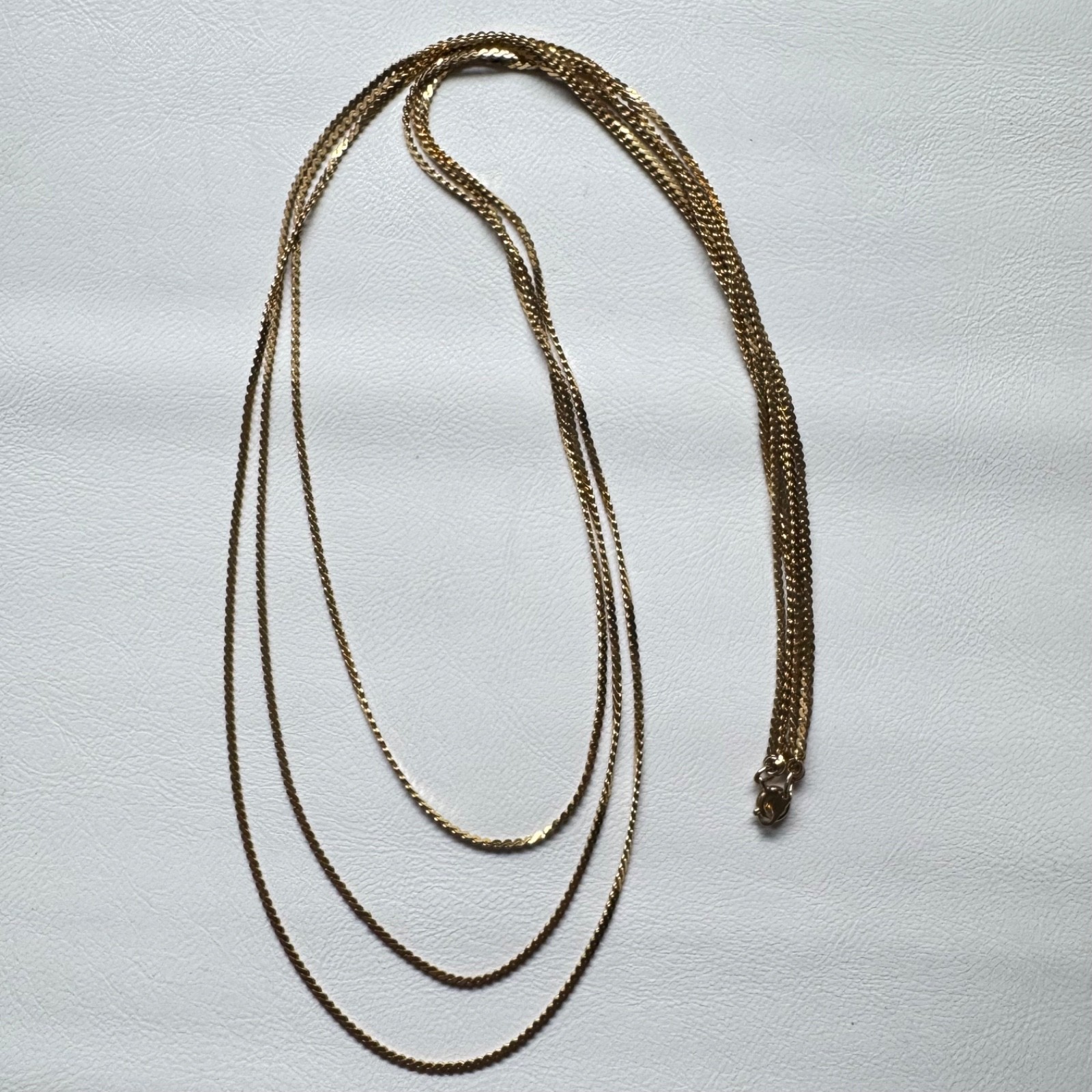 Vintage Triple Strand Gold Tone Flat Curb Link Necklace Layered Chain
