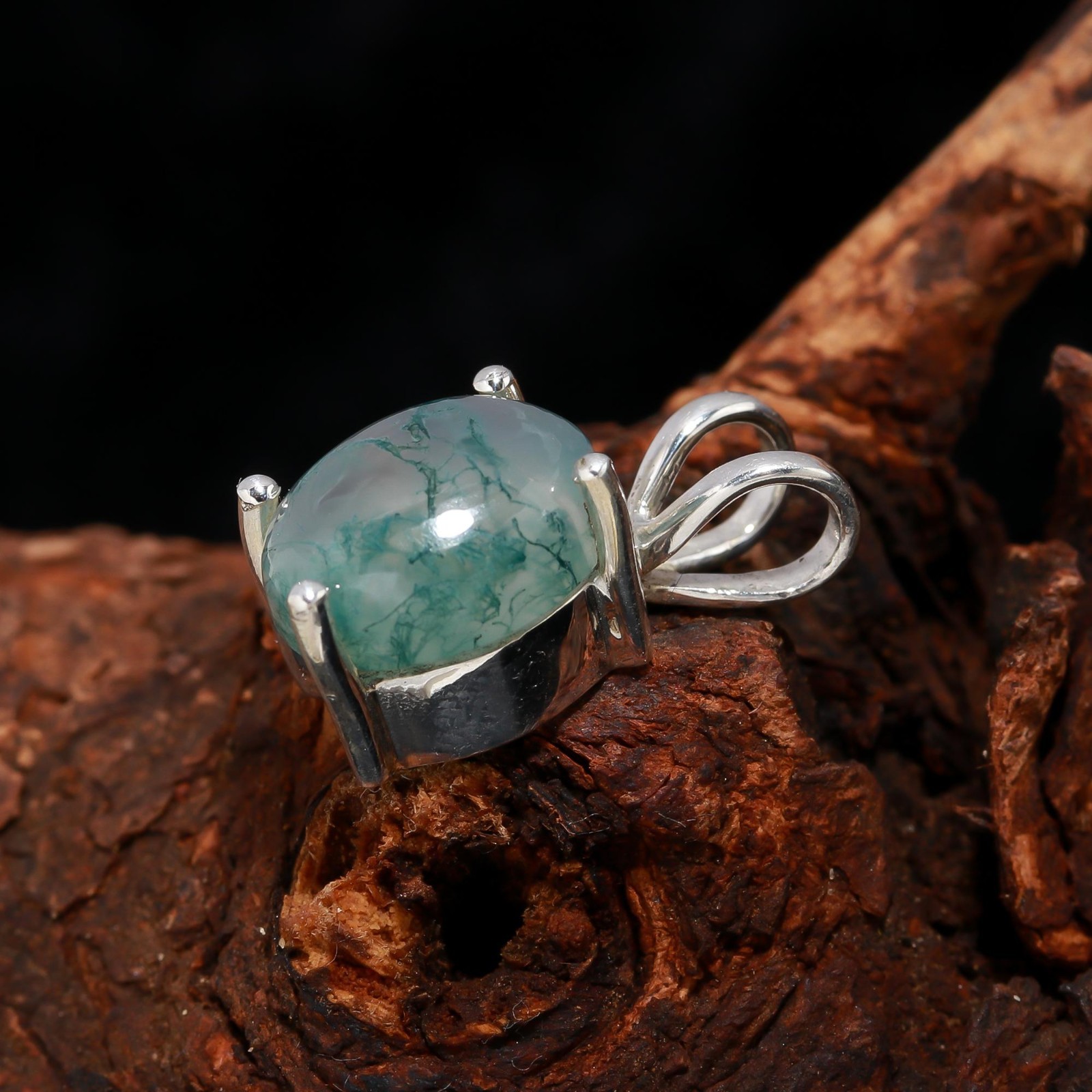 Natural Moss Agate Oval Chain Necklace 925 Sterling Silver Minimalist Jewelry